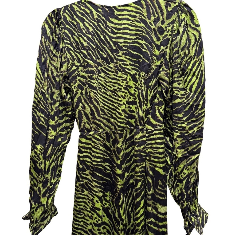 GANNI Stretch Silk Satin Tiger Stripe Wrap Dress Scandi Eclectic Blck Grn 38/6/M - Picture 8 of 15